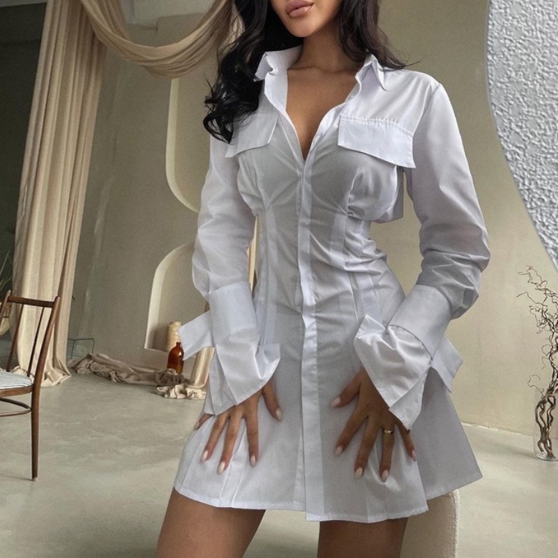 Vestido branco francês com cintura e punhos e abas longas para mulheres 2023nova cintura de design e saia de manga longa de cor sólida